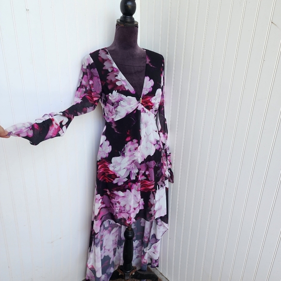 Guess by Marciano Womens Purple Black Hi Low Multi Fushion Sheer Long Sl Dress 4 - Picture 9 of 16